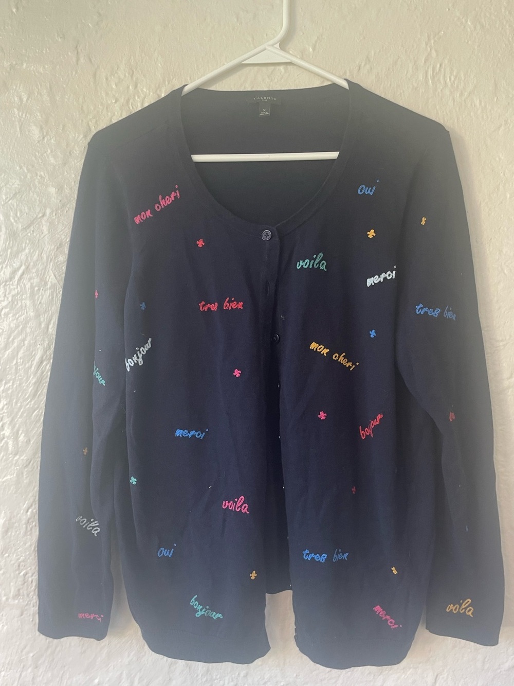 Talbots Women's Size 0X French Word Embroidered Cardigan Novelty Navy